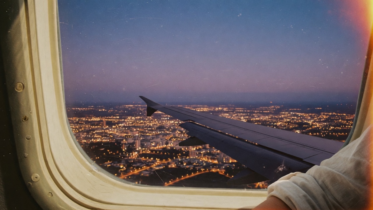 Airplane window at dusk over city lights after landing.