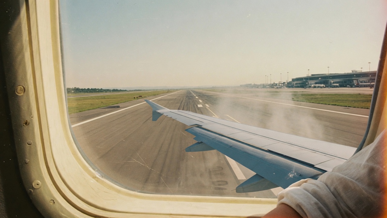 Airplane window on the takeoff roll, wing over the runway.
