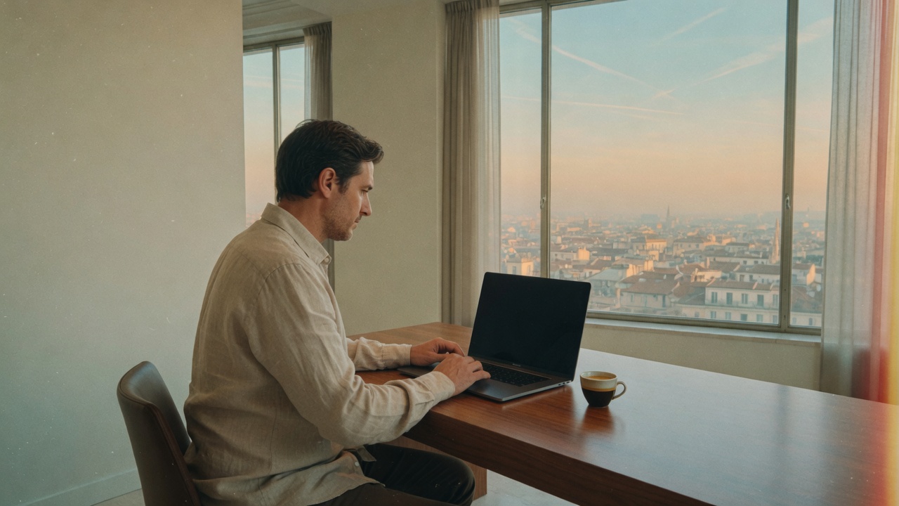 A tech professional at a walnut desk, city in the window, laptop open.