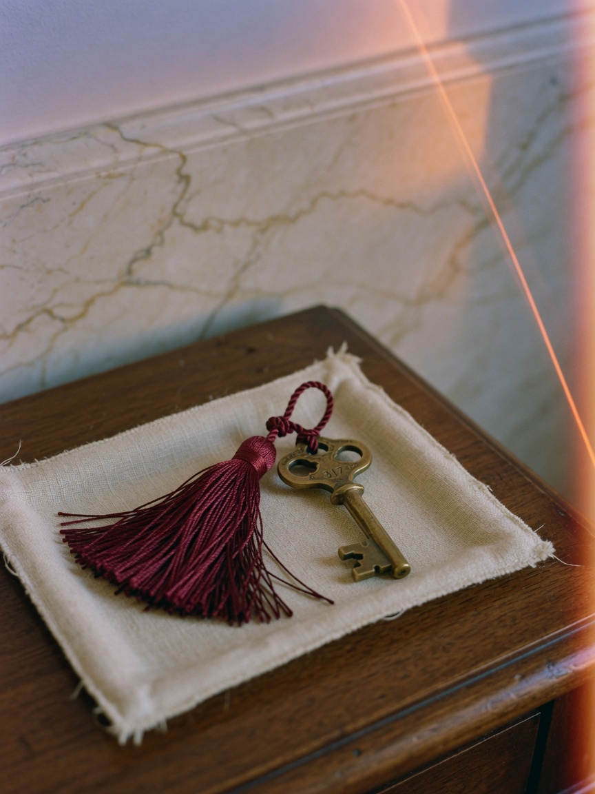 A single antique brass hotel key with a burgundy tassel on linen.