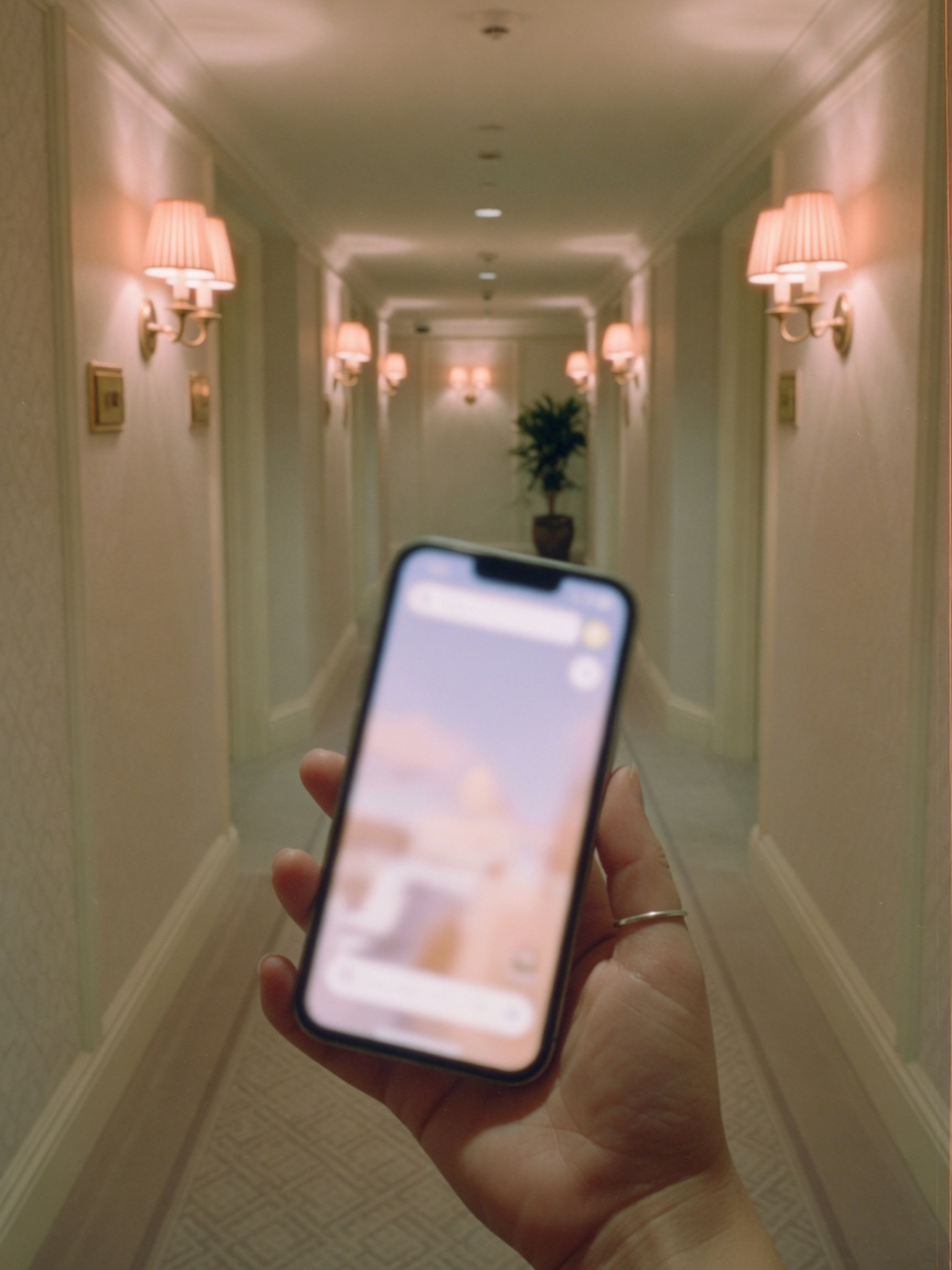 A hand holding a phone in a quiet hotel corridor, before reaching the lobby.