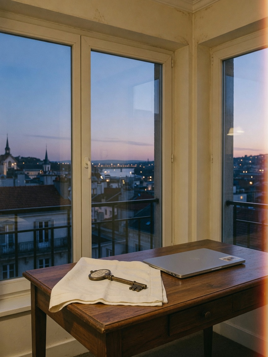 Empty private hotel desk with one key and a closed laptop at dusk.